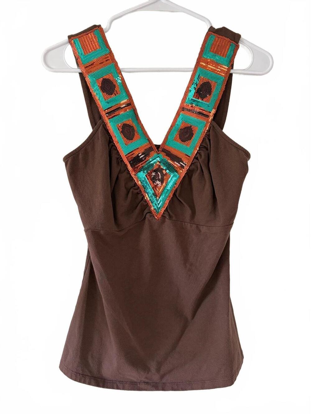 Bisou Bisou Tank Top Womens M Brown Sequin Beaded V-Neck Wide Strap Y2K